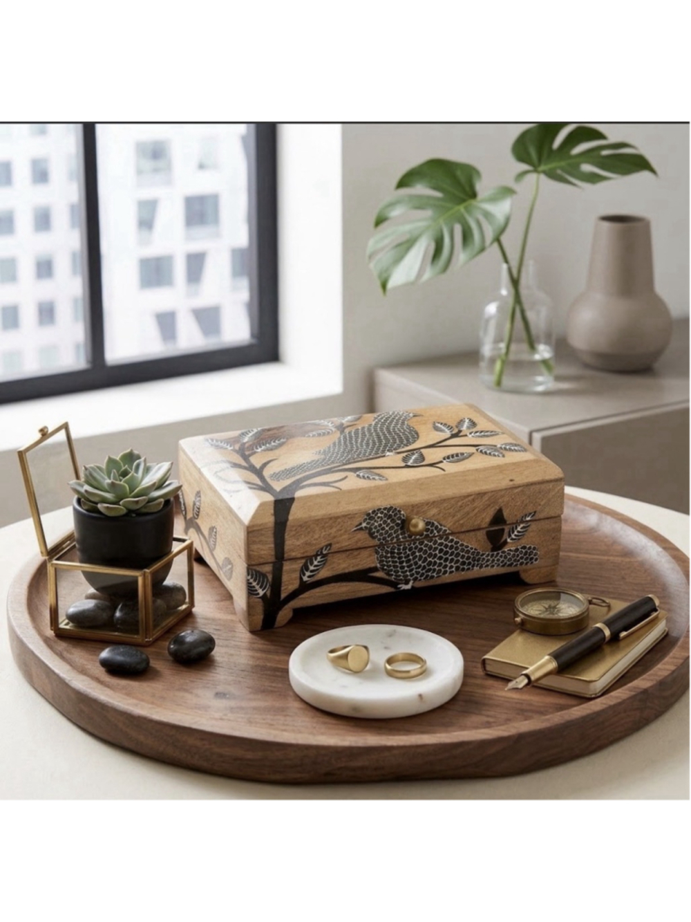 Indian Hand Carved Wood Trinket Box Bird Foliage Keepsake Box (New - never used)